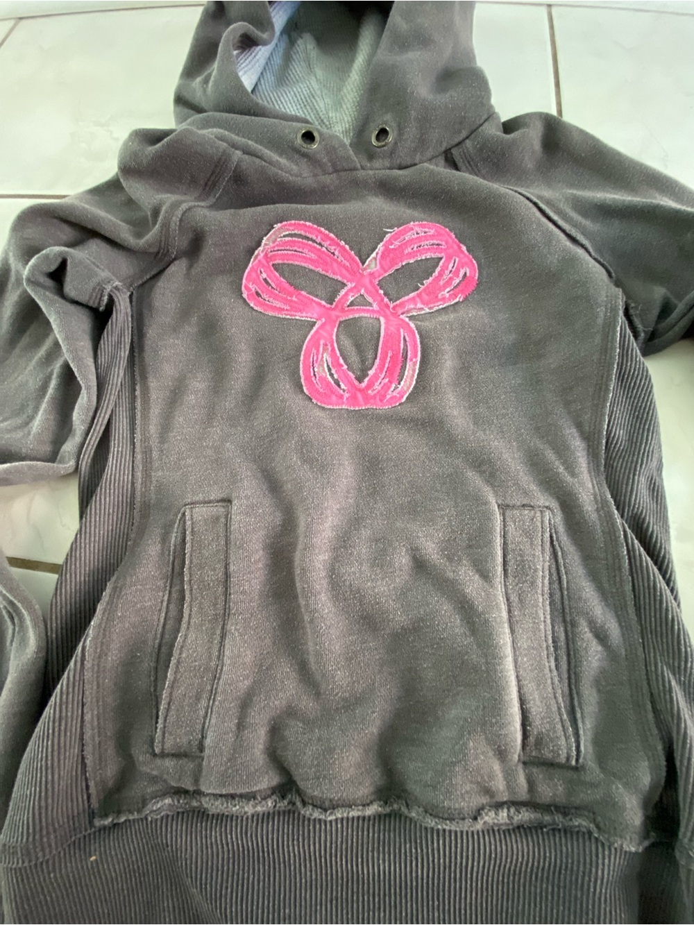 Aritzia Charcoal Hooded Pullover with Pink Applique